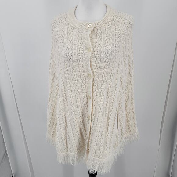 Glamour Knit Poncho Womens One Size Cream Button Up Arm Slits Boho Vintage - Picture 3 of 11